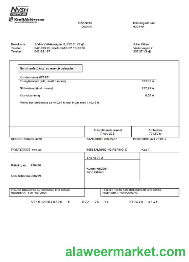 Sweden NVSH Energi utility bill template in Word and PDF format